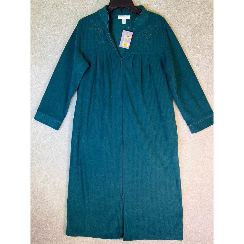 Miss Elaine Robe Women Petite Small Emerald Green Zip Front Floral Embroidery PS